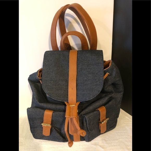 JustFab Denim Faux Leather Backpack W/Pocket School Home Diaper Bag Blue Canvas - Picture 1 of 8